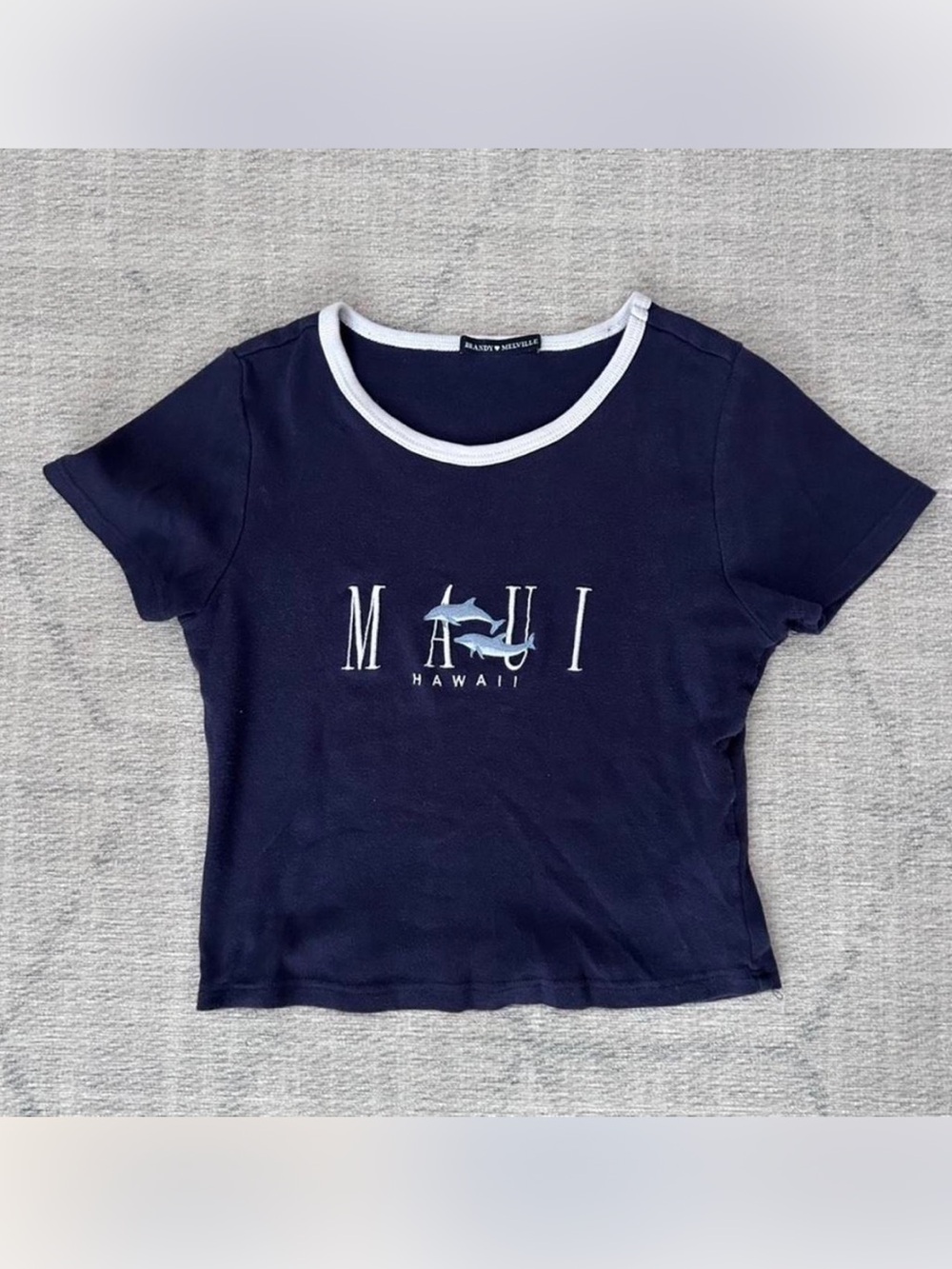 Brandy Melville Navy and White Maui Hawaii Graphic Ringer Tee